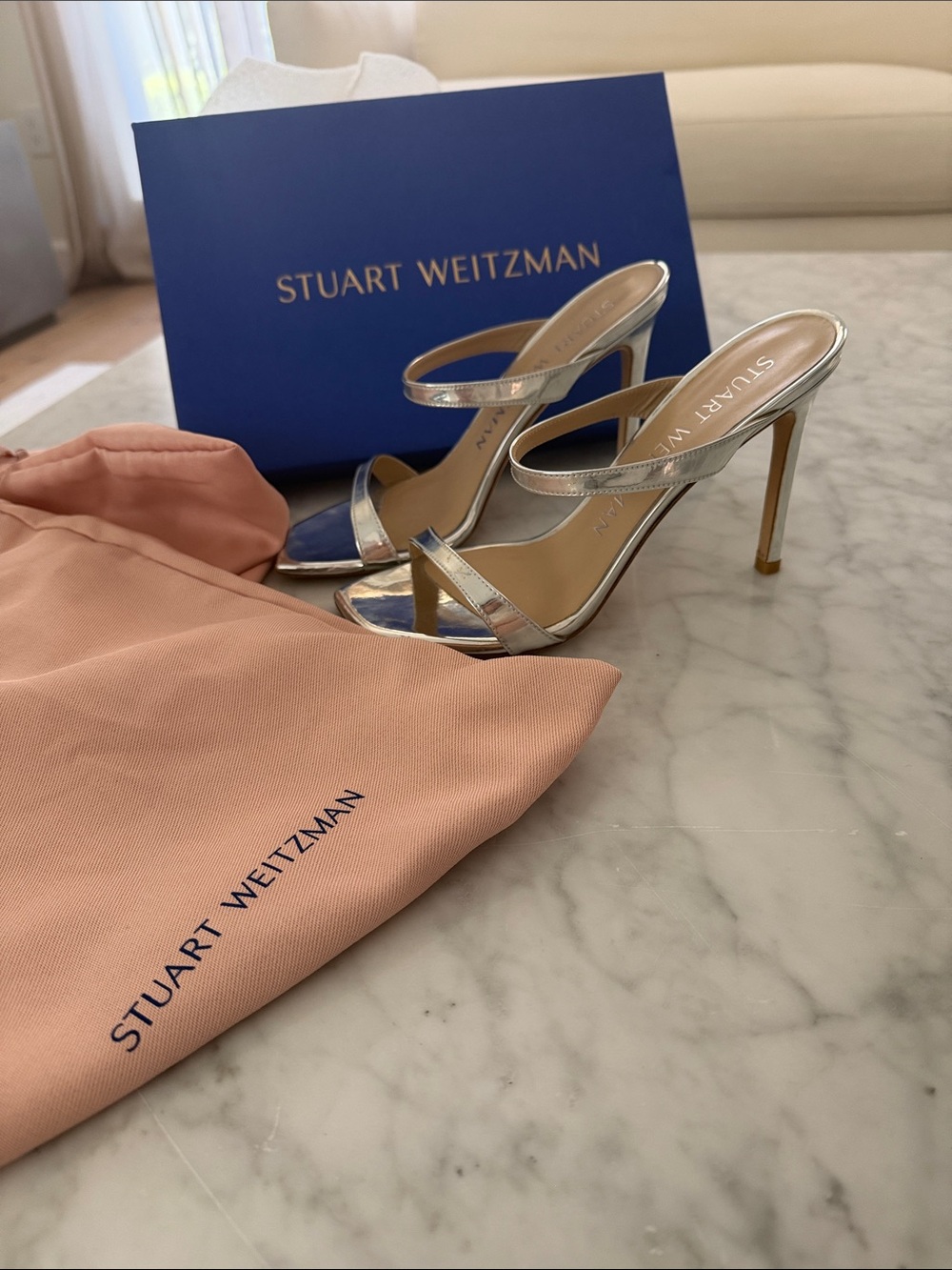 Stuart Weitzman Metallic Silver Strappy Heel Sandals